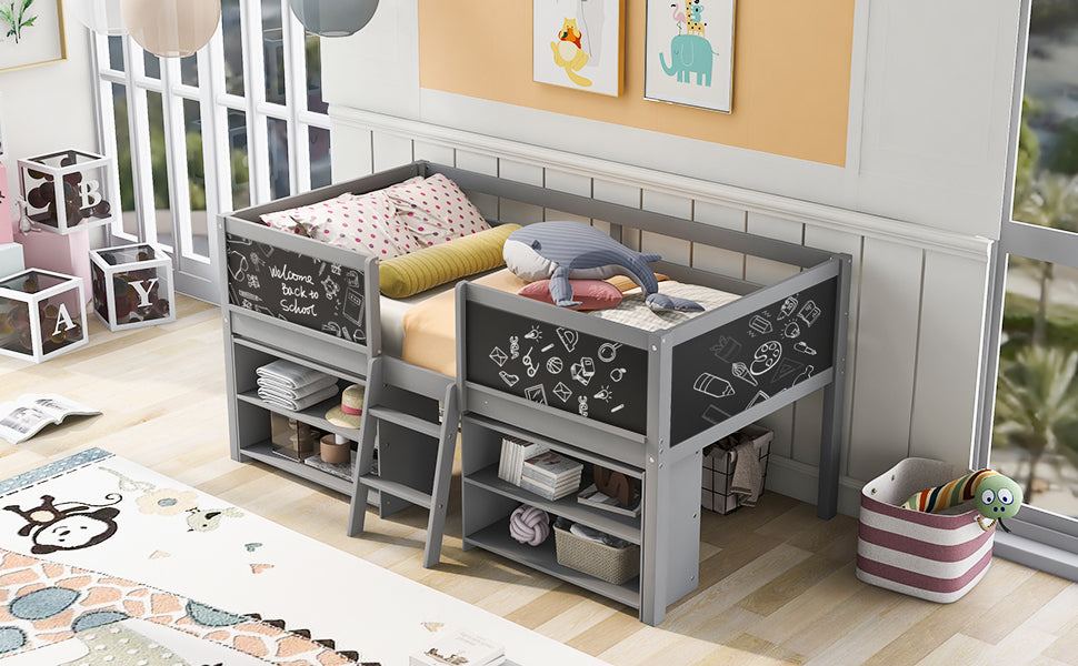 Twin Size Low Loft Bed with Two Movable Shelves and Ladder,with Decorative Guardrail Chalkboard,Gray(: WF283286AAE)