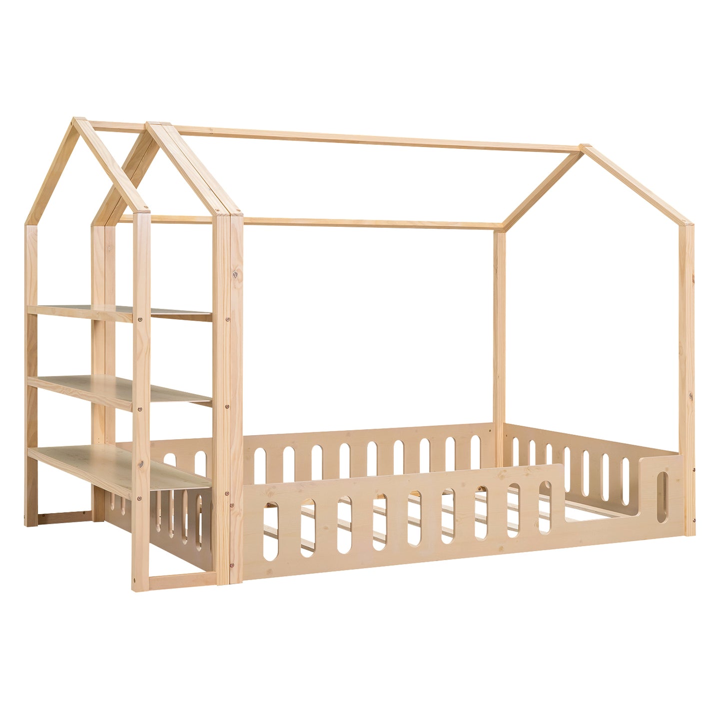 Full Size Wood House Bed with Fence and Detachable Storage Shelves, Natural (Expected Arrival Time: 1.7)