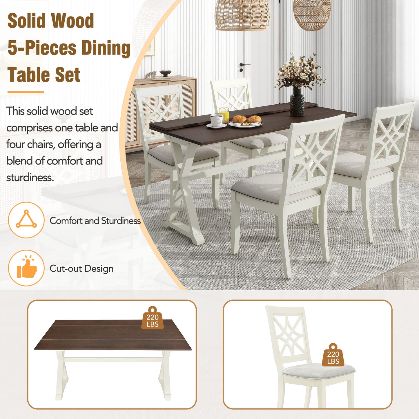 5-Piece 62*35.2inch Extendable Rubber Wood Dining Table Set with X-shape Legs,Console Table with Two 8.8Inch-Wide Flip Lids and Upholstered Dining Chairs ,Beige