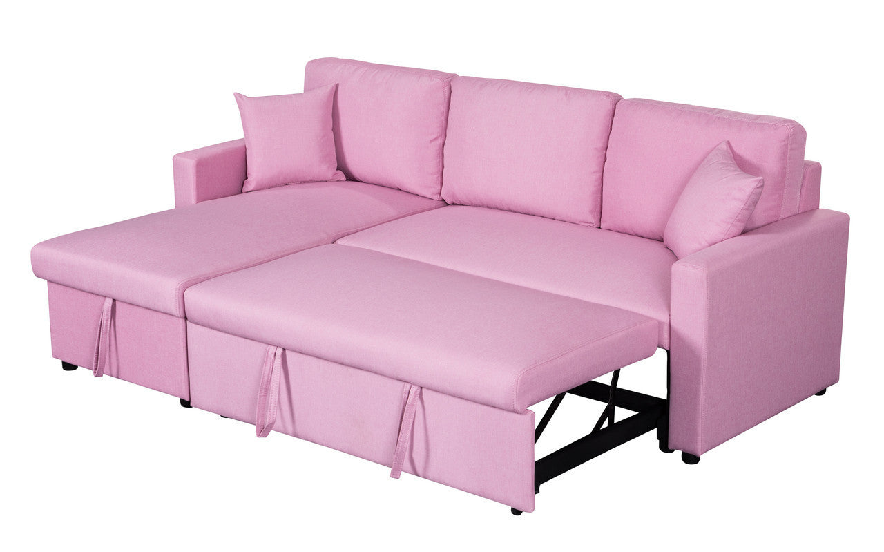 Pink Paisley Linen Fabric Sleeper Sectional Sofa with Storage Chaise