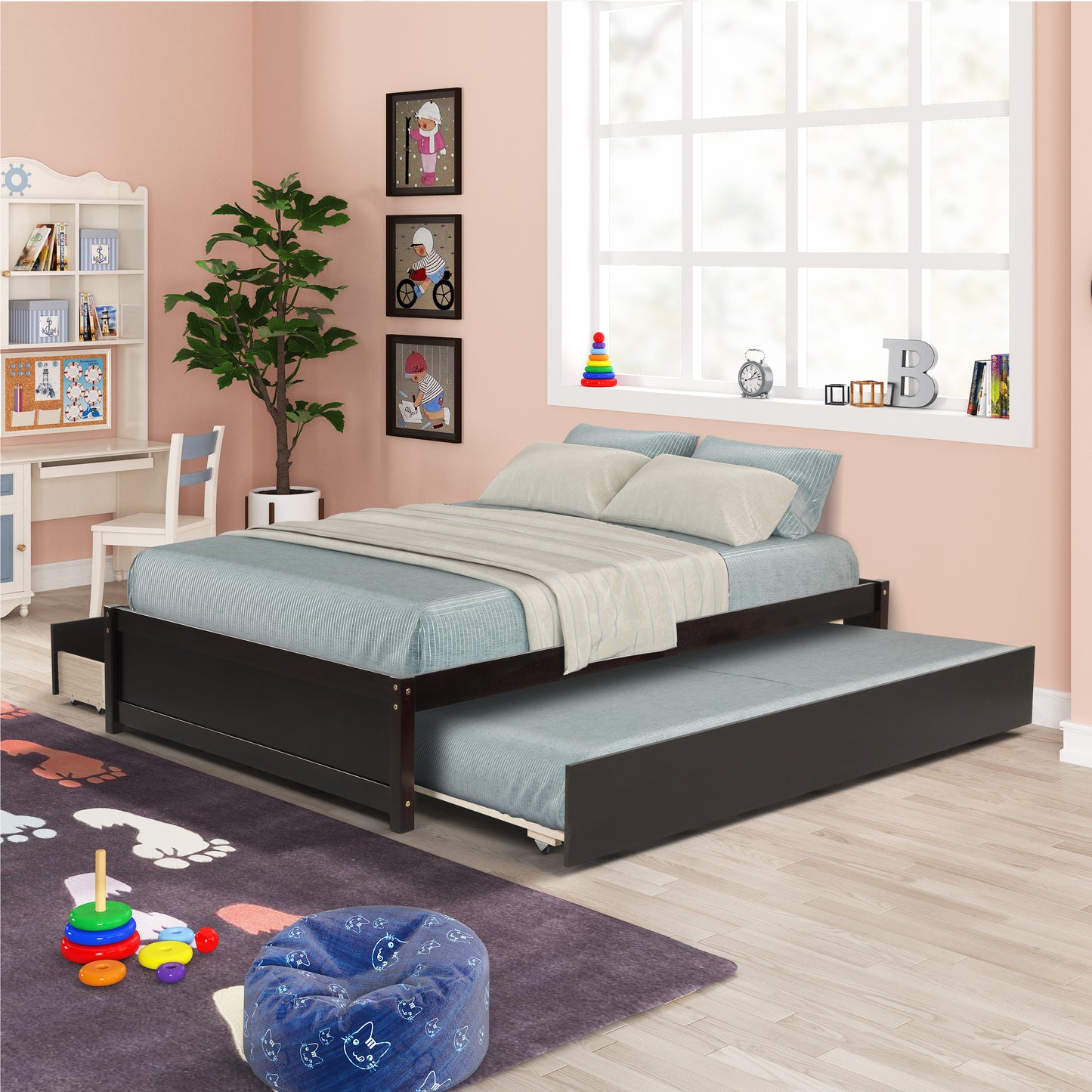 FULL BED WITH TWIN SIZE TRUNDLE AND TWO DRAWERS FOR ESPRESSO COLOR