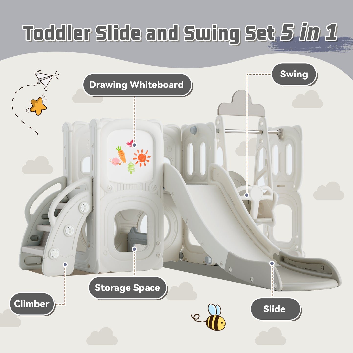 5 in 1 Toddler Slide and Swing Set with Drawing Whiteboard, Kitty-Themed Playset