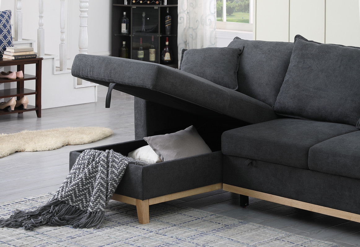 Convertible Dark Grey Upholstered Sleeper Sectional Sofa with Built-In Storage Chaise