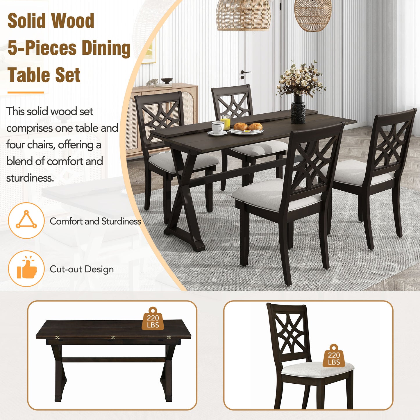 5-Piece 62*35.2inch Extendable Rubber Wood Dining Table Set with X-shape Legs,Console Table with Two 8.8Inch-Wide Flip Lids and Upholstered Dining Chairs ,Dark Walnut