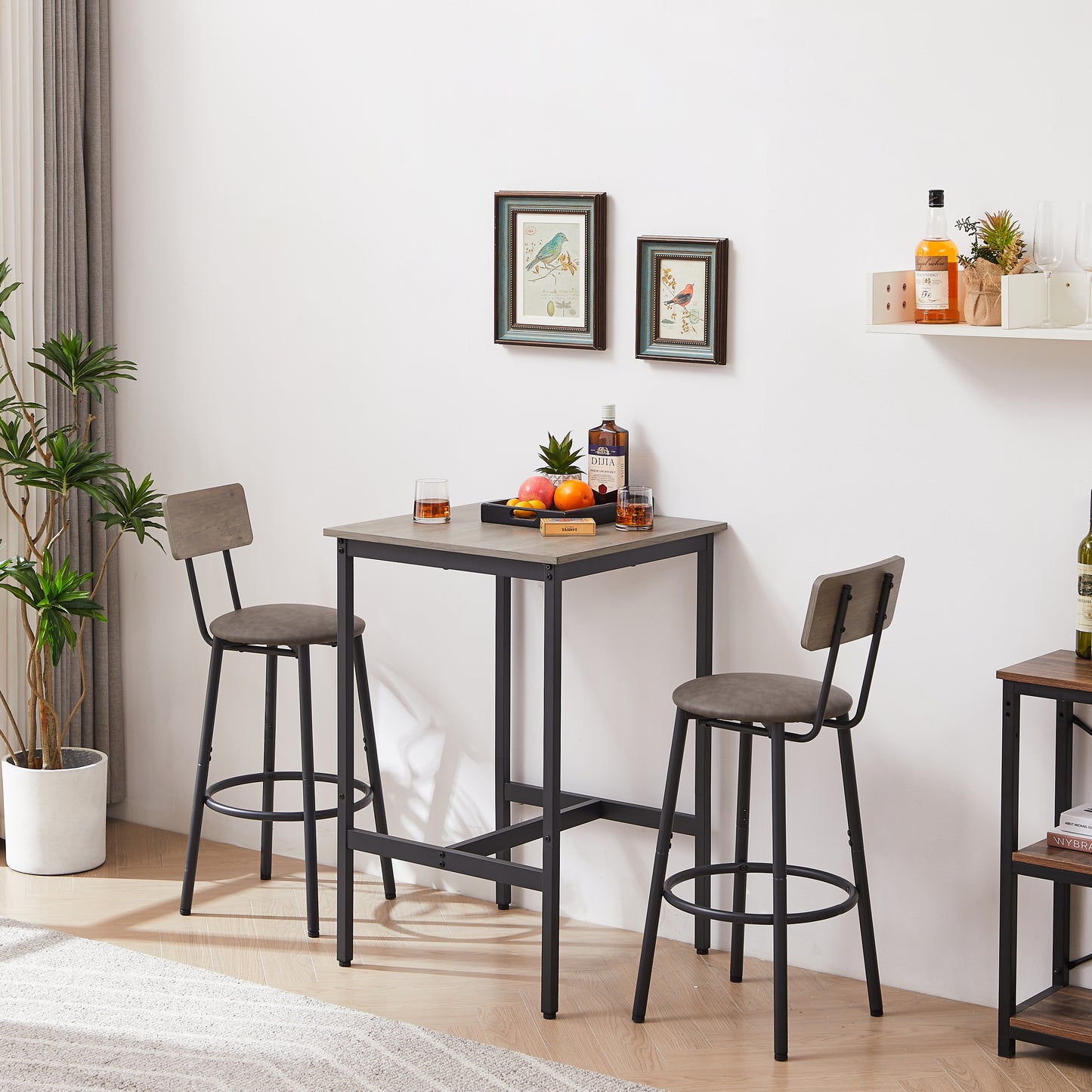 Bar Table Set with 2 Bar stools PU Soft seat with backrest, Grey, 23.62'' W x 23.62'' D x 35.43'' H