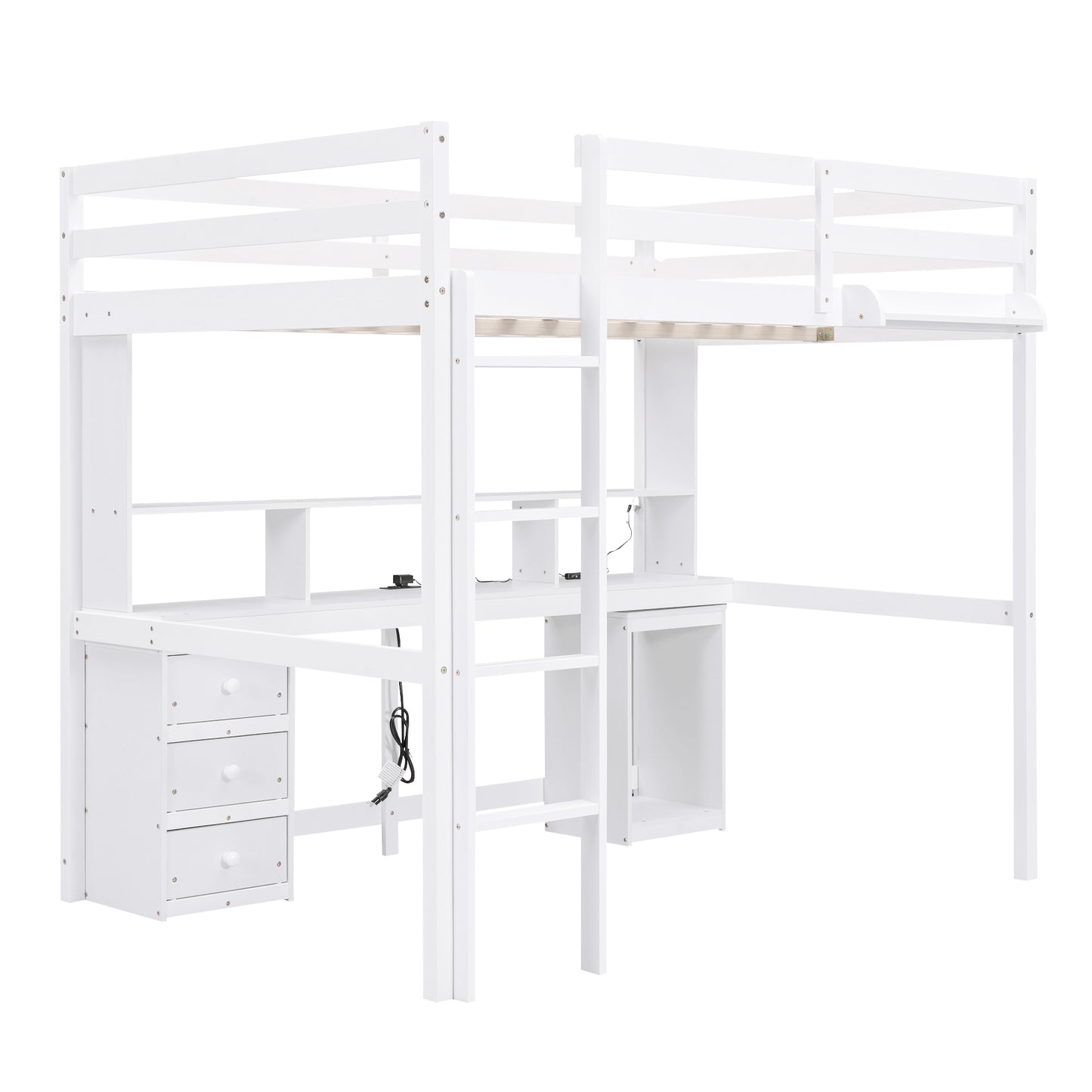 Full Size Loft Bed with Multi-storage Desk, LED light and Bedside Tray, Charging Station, White