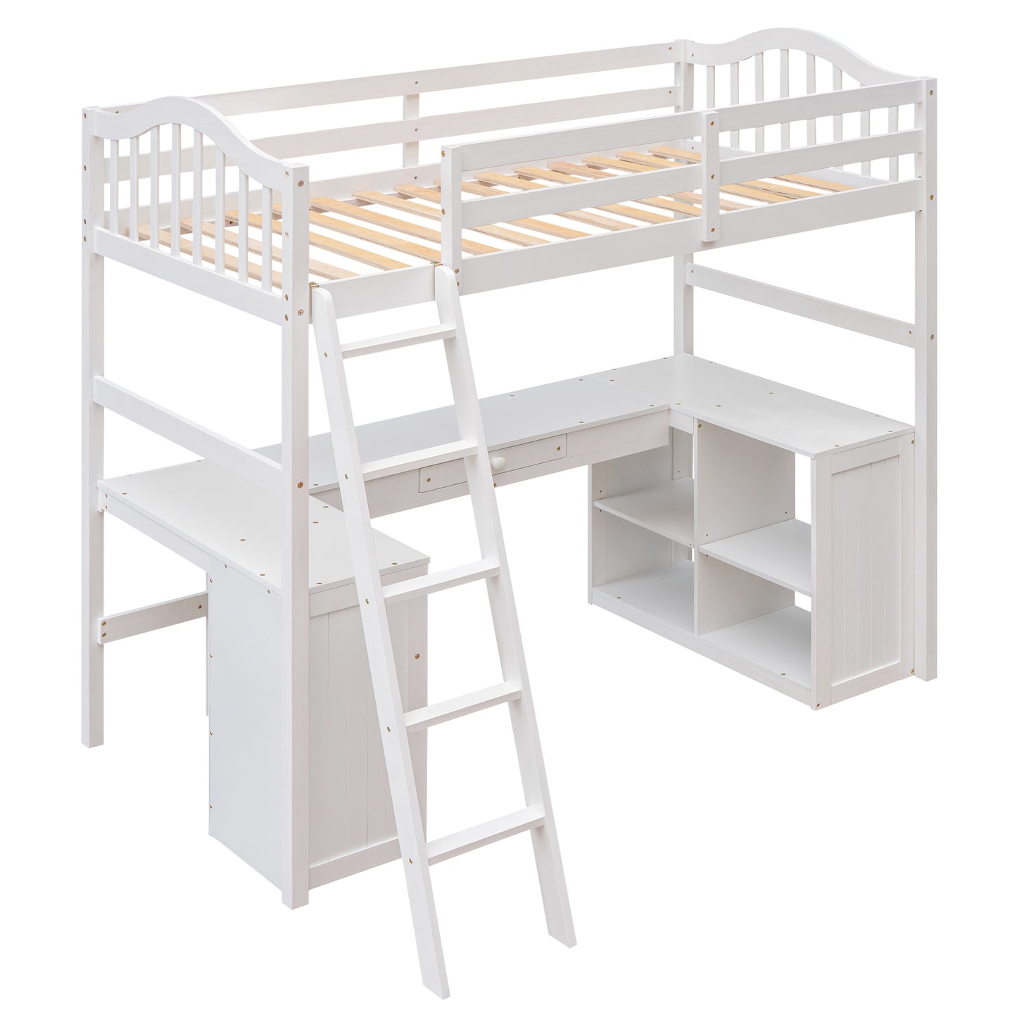 Twin size Loft Bed with Drawers, Cabinet, Shelves and Desk, Wooden Loft Bed with Desk - White( :LT000505AAK)