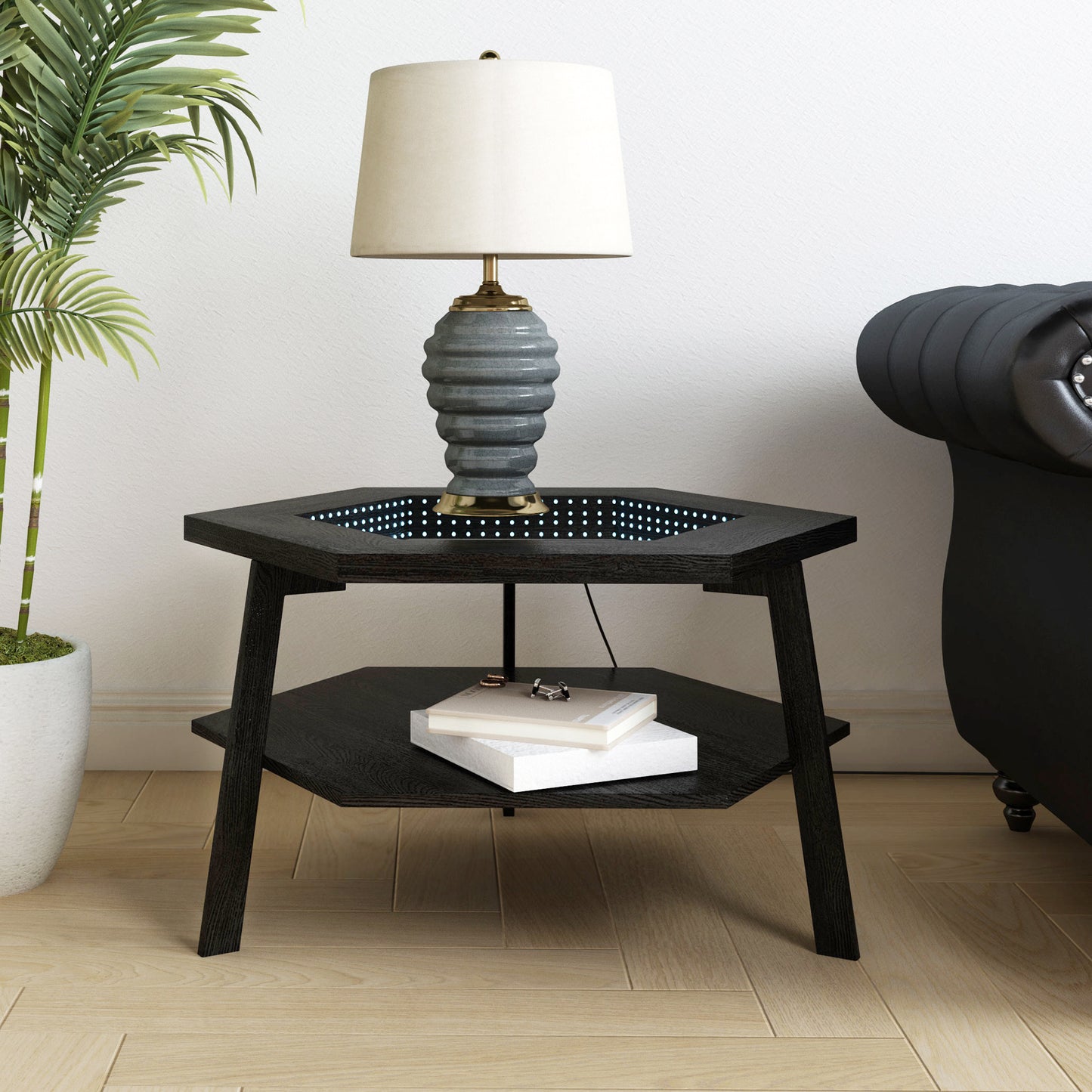 Modern Hexagonal LED Coffee Table with Bluetooth Speakers and Storage