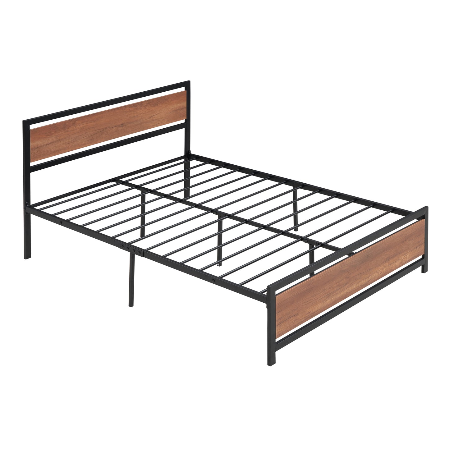 Full Size Platform Bed, Metal and Wood Bed Frame with Headboard and Footboard , Black