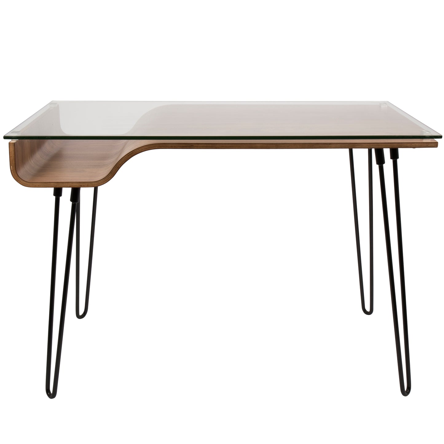 Avery Mid-Century Modern Walnut Desk with Glass Top and Black Metal Legs