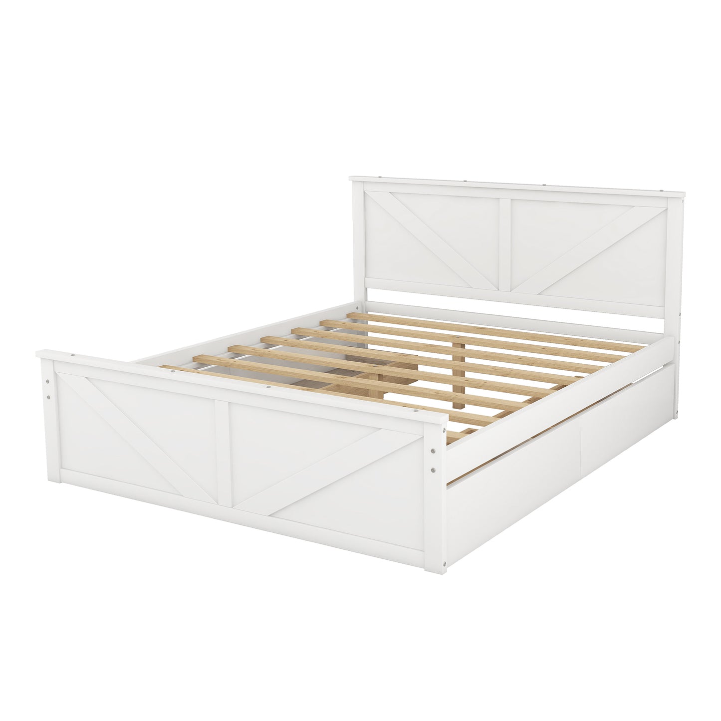 Queen Size Wooden Platform Bed with Four Storage Drawers and Support Legs, White