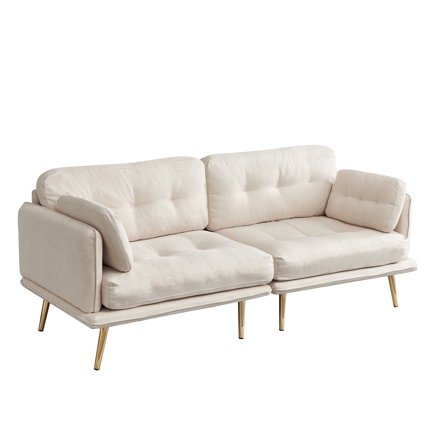 Beige 3-Seat Sofa with Gold Metal Legs and Cotton Linen Fabric