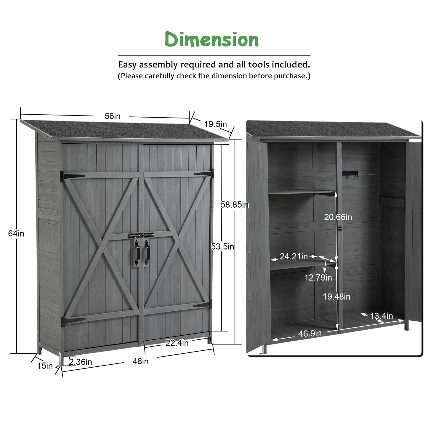 56"L x 19.5"W x 64"H Outdoor Storage Shed with Lockable Door, Wooden Tool Storage Shed w/Detachable Shelves & Pitch Roof,Gray