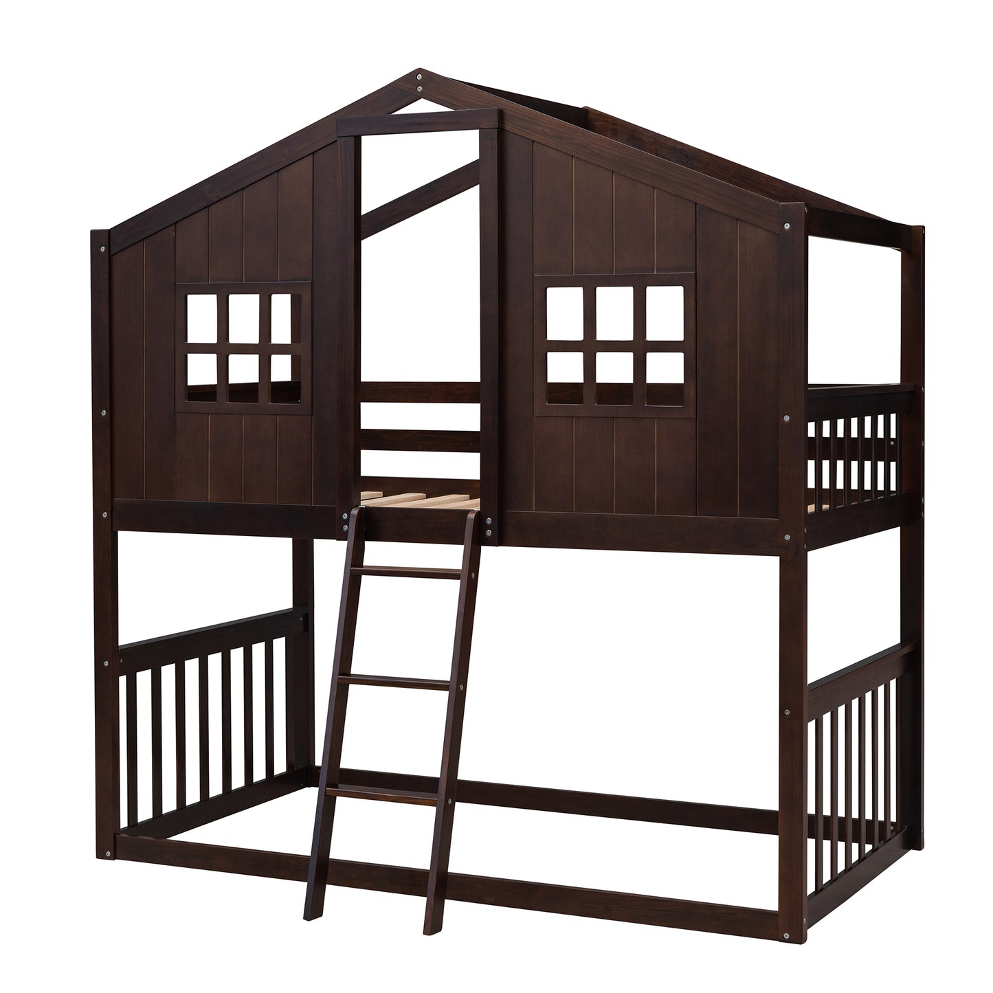 House Loft Bunk Bed with Playful Roof Design and Rustic Charm, Espresso Finish