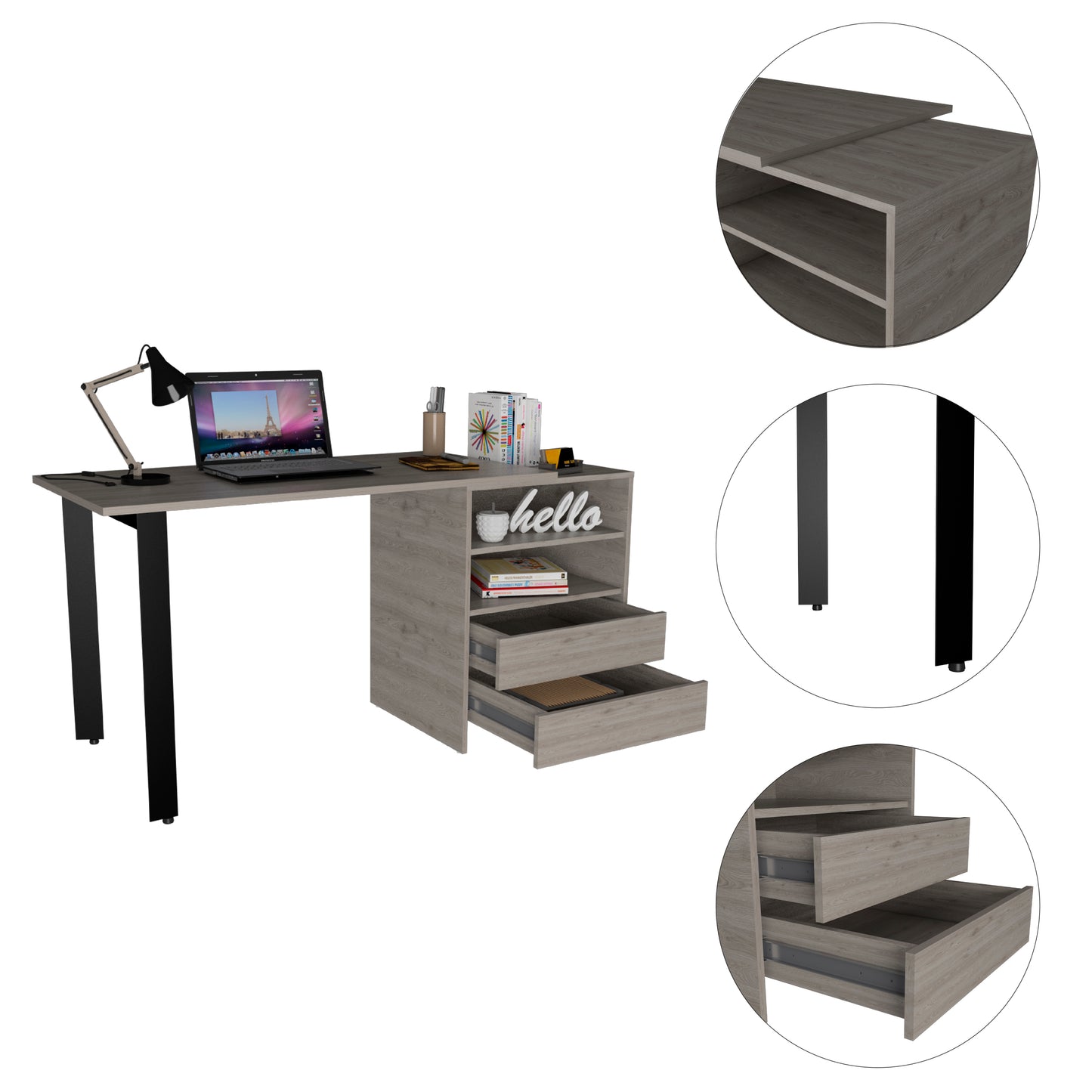 Gray Modern Writing Desk with 2 Drawers and 2 Shelves