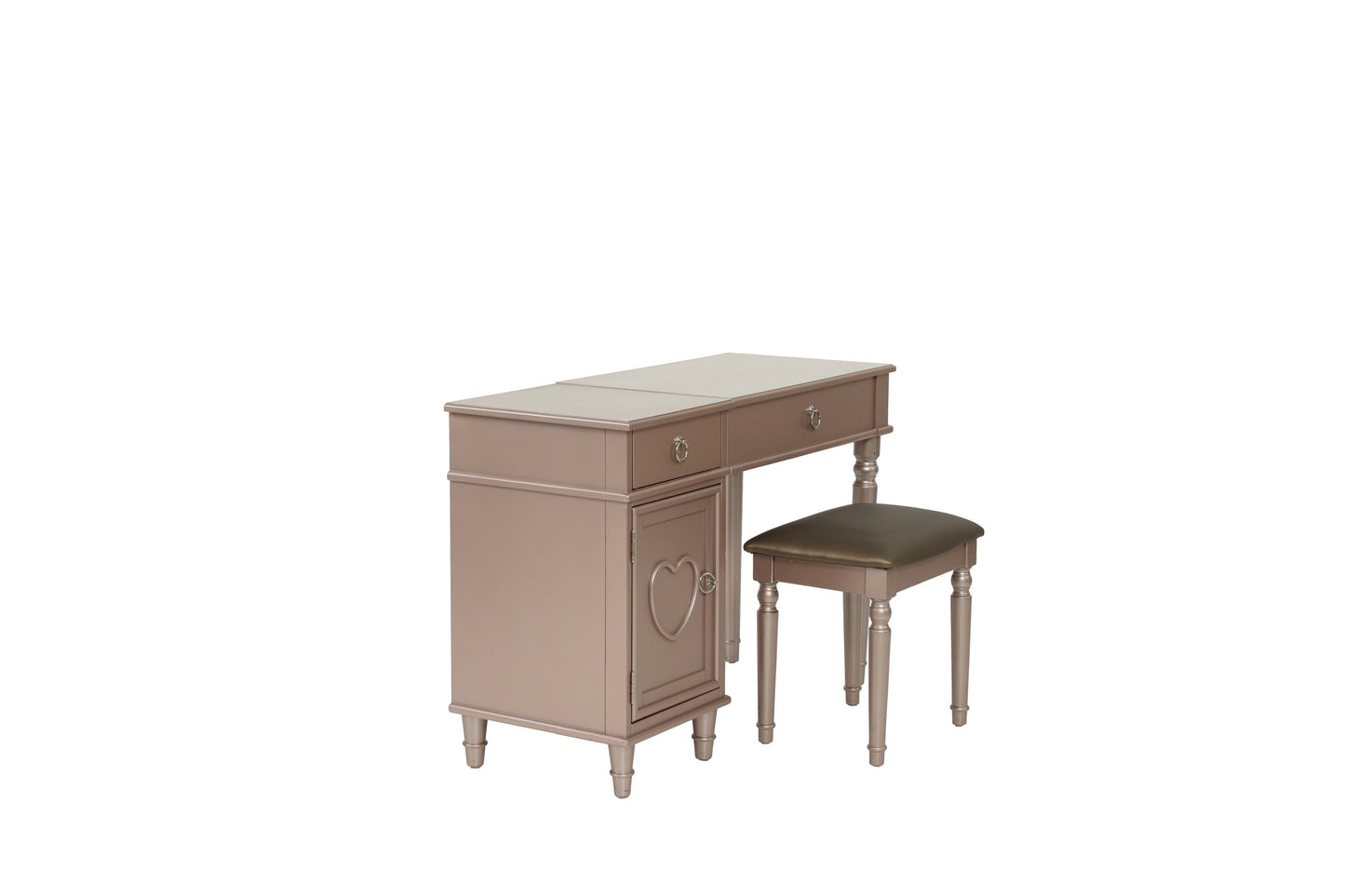 Bedroom Vanity Set w Stool Open Up Mirror Storage Space Drawers Rubber wood Ring Pull Handles Rose Gold Color Vanity