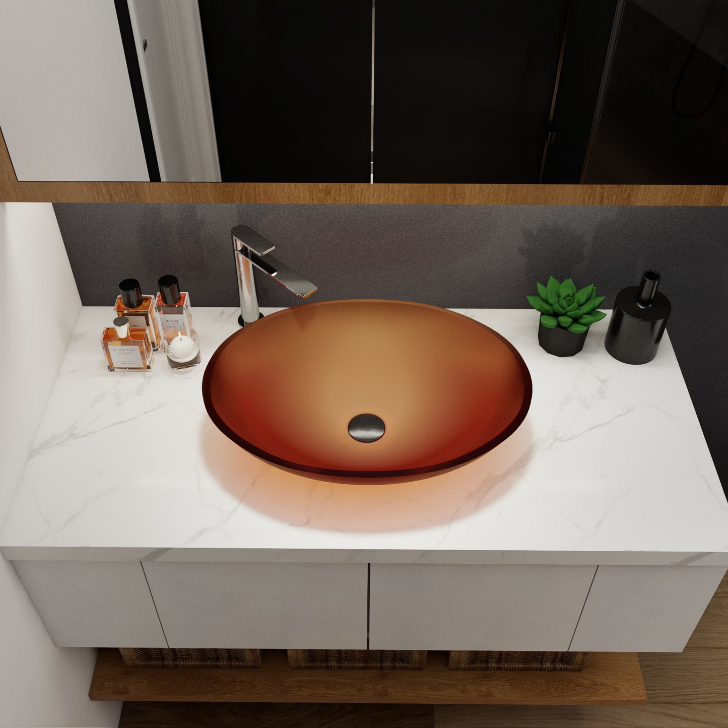 Tempered Glass Matte Bathroom Vessel Sink, Oval Bathroom Basin (Tempered Glass Matt Tea)