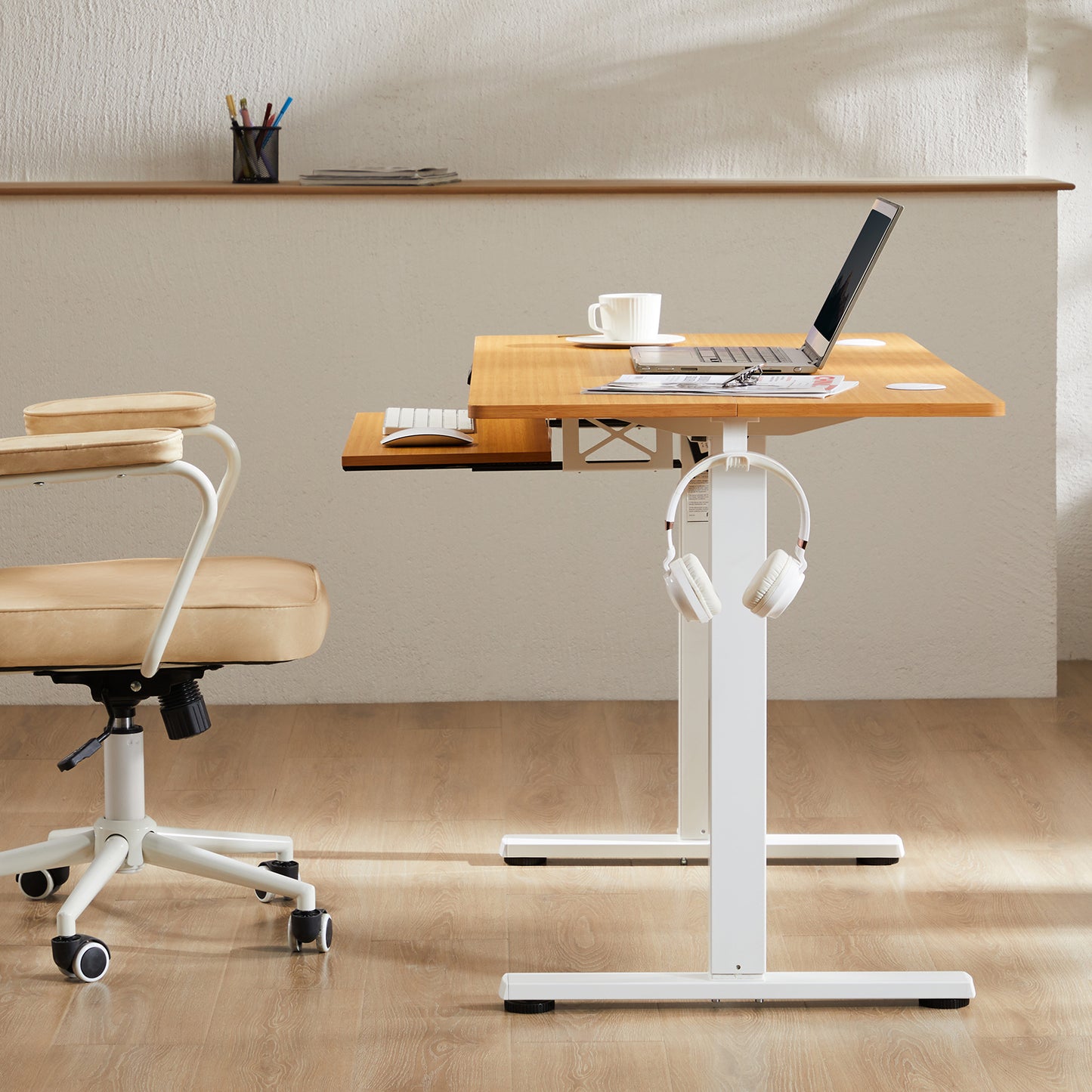 Electric Height-Adjustable Desk with Keyboard Tray, 48 x 24 Inches, Natural Wood Finish