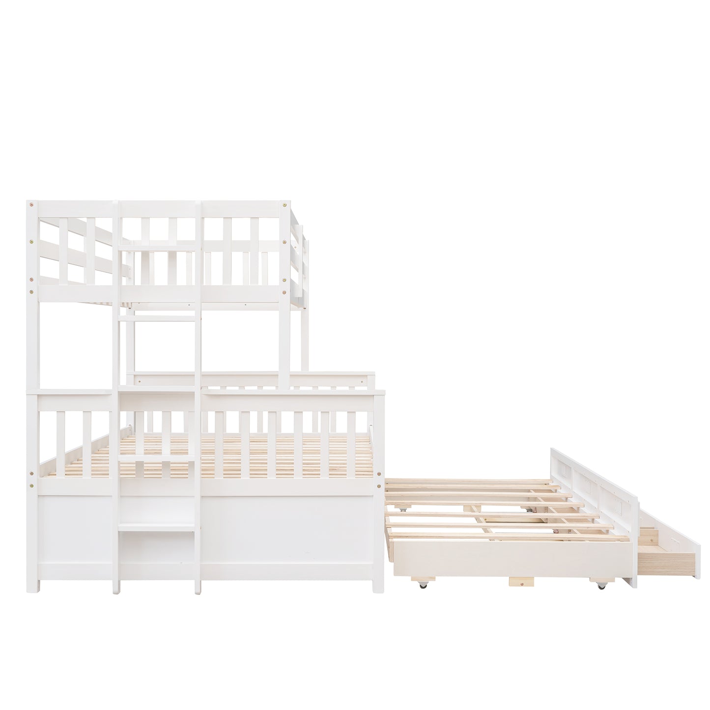 Playful Twin-Over-Full Bunk Bed with Trundle and Drawers - White