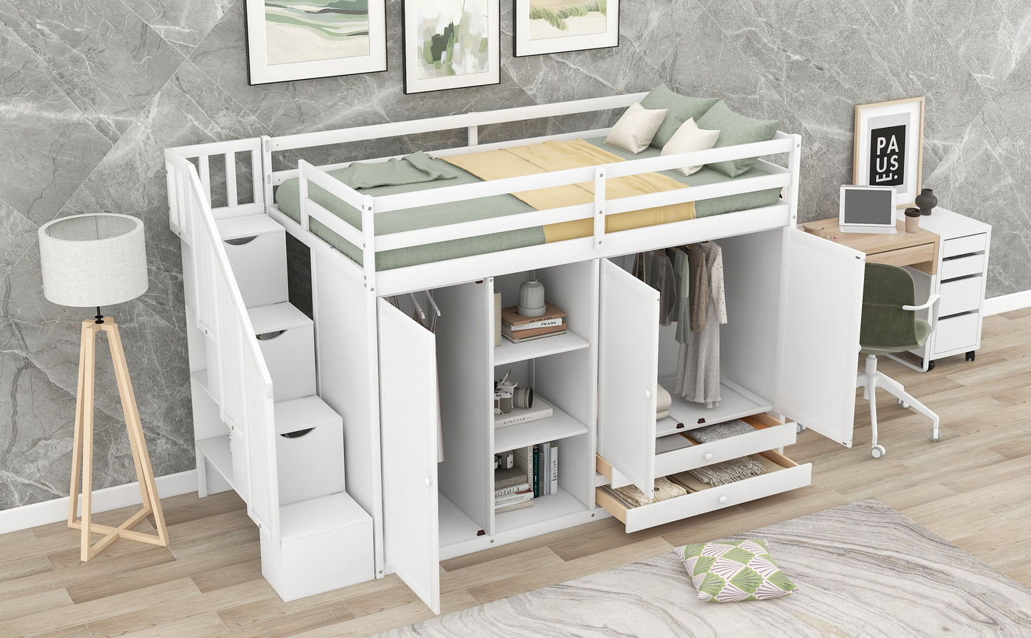 Functional Loft Bed with 3 Shelves, 2 Wardrobes and 2 Drawers,  Ladder with Storage, No Box Spring Needed, White