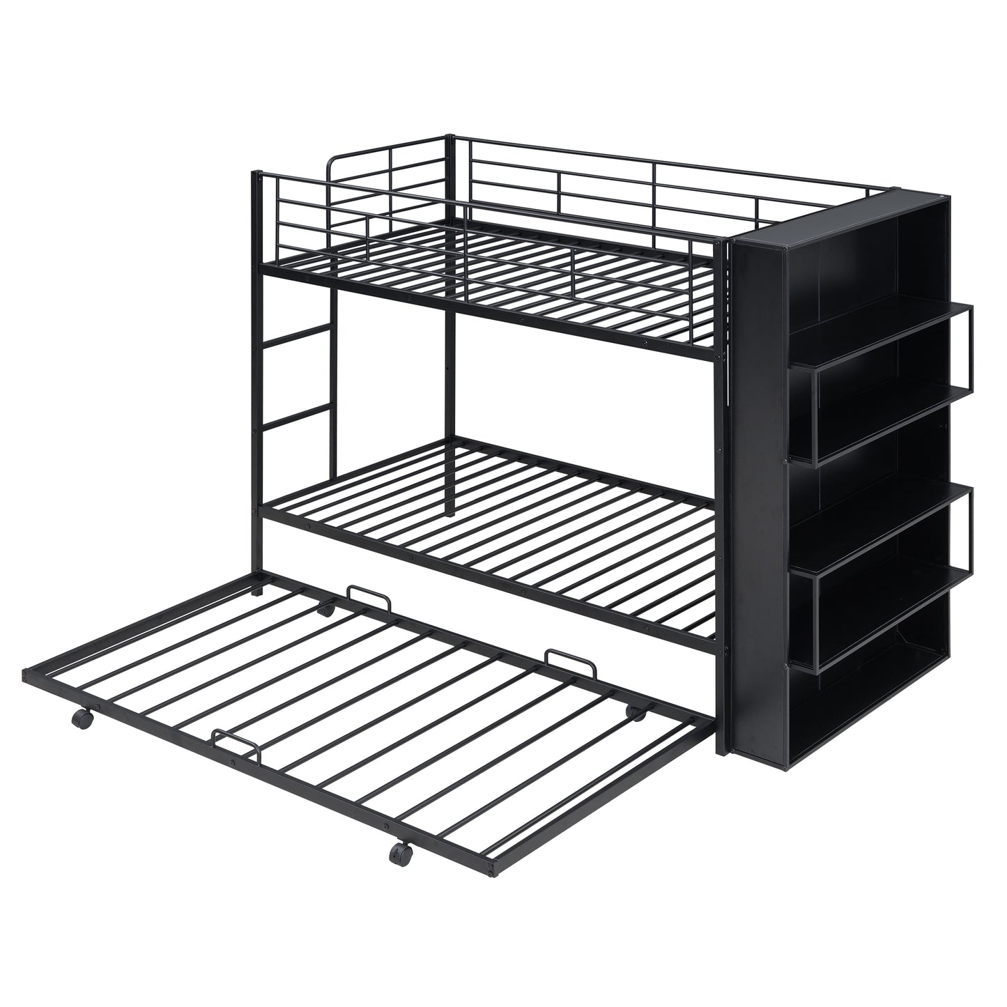 Twin Size Black Metal Bunk Bed with Integrated Bookshelf