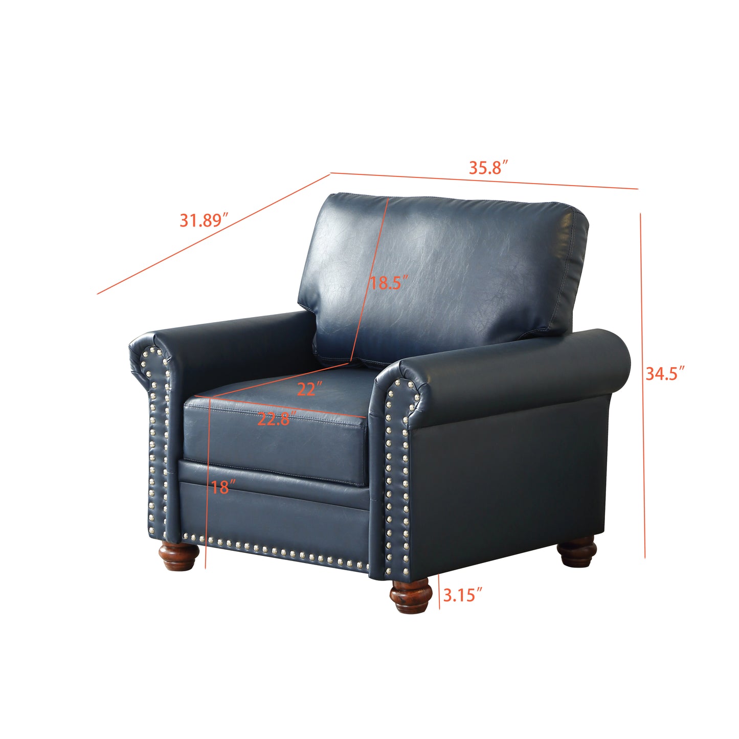 Living Room Sofa Single Seat Chair with Wood Leg Navy Blue Faux Leather