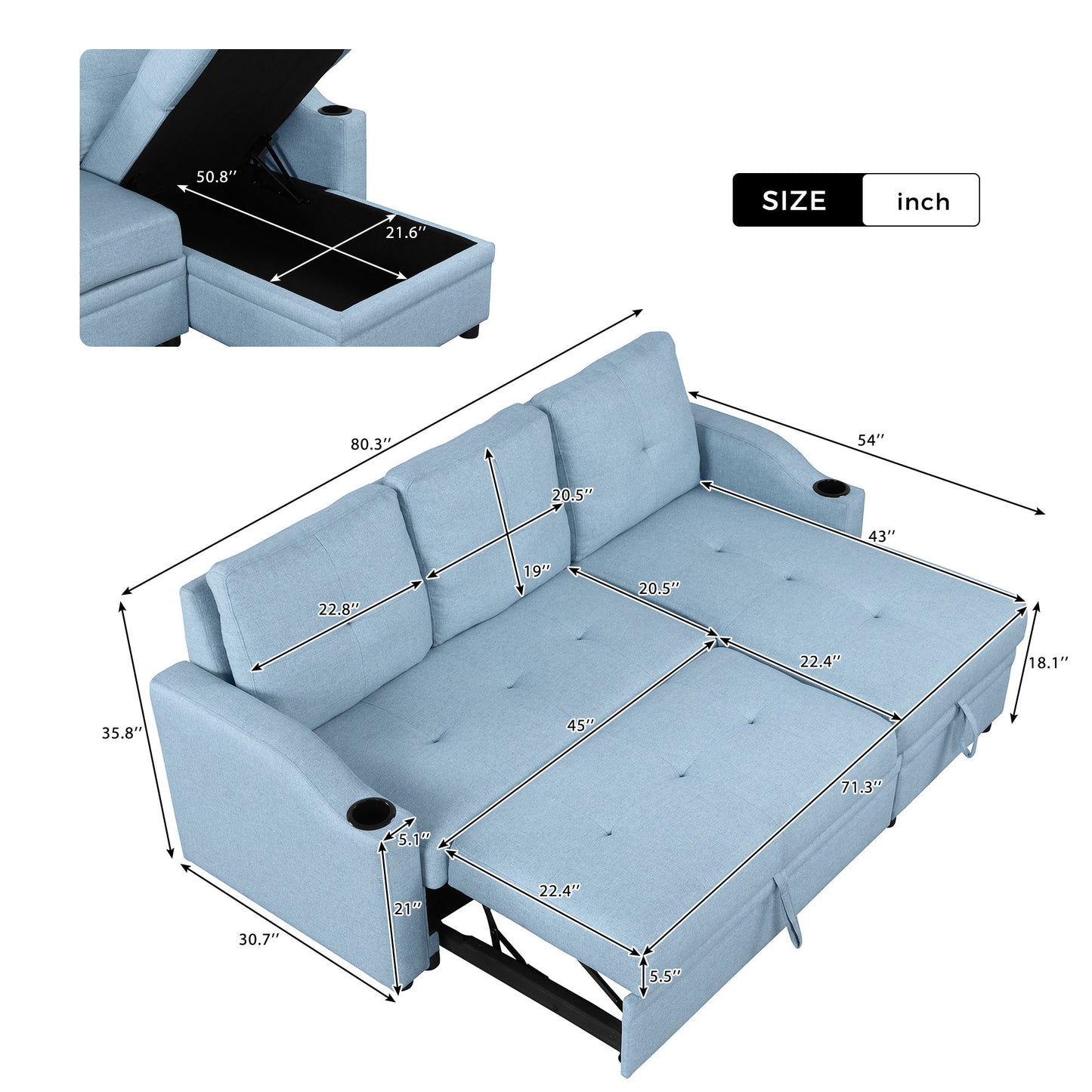 Orisfur Pull Out Sofa Bed with Storage Chaise and Cup Holder