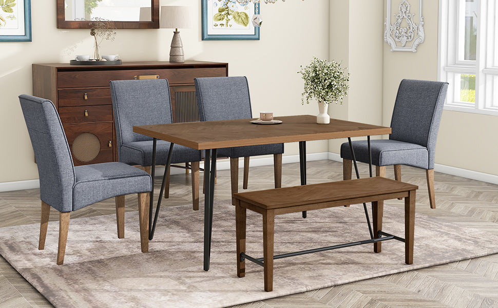 Modern 6-Piece Dining Table Set with V-Shape Metal Legs, Wood Kitchen Table Set with 4 Upholstered Chairs and Bench for 6,Brown