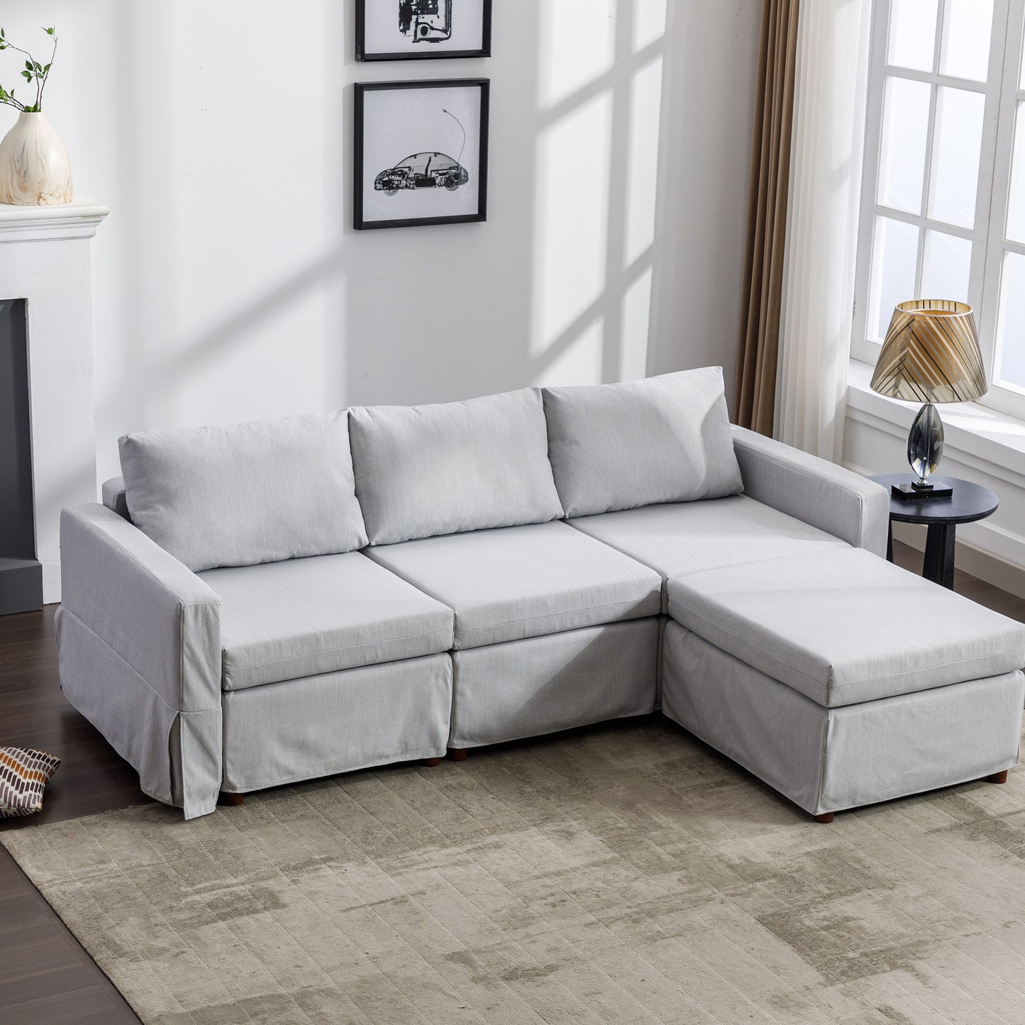 Light Grey Sectional Sofa with Ottoman and Removable/Washable Cushions