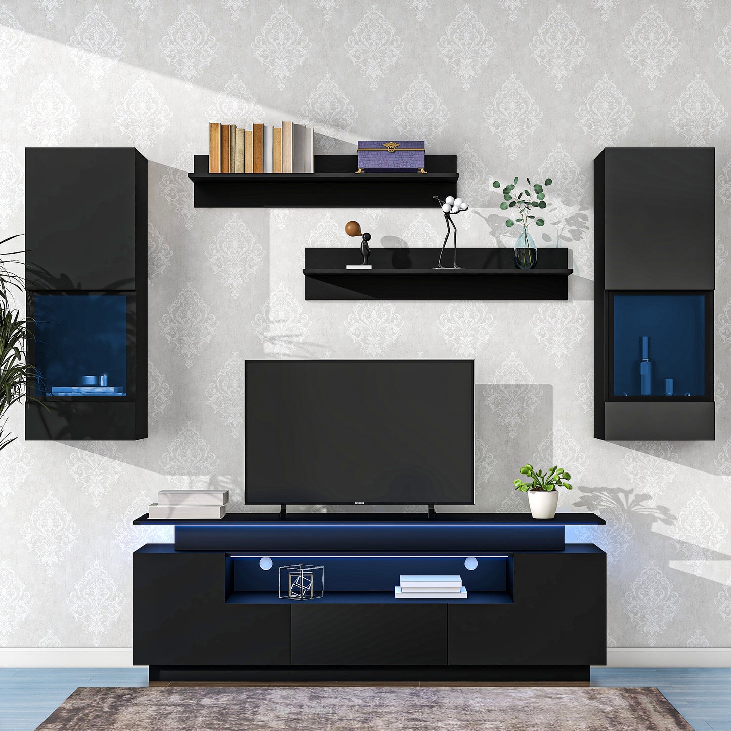 5-Piece Modern Black Floating TV Stand Set with LED Lights