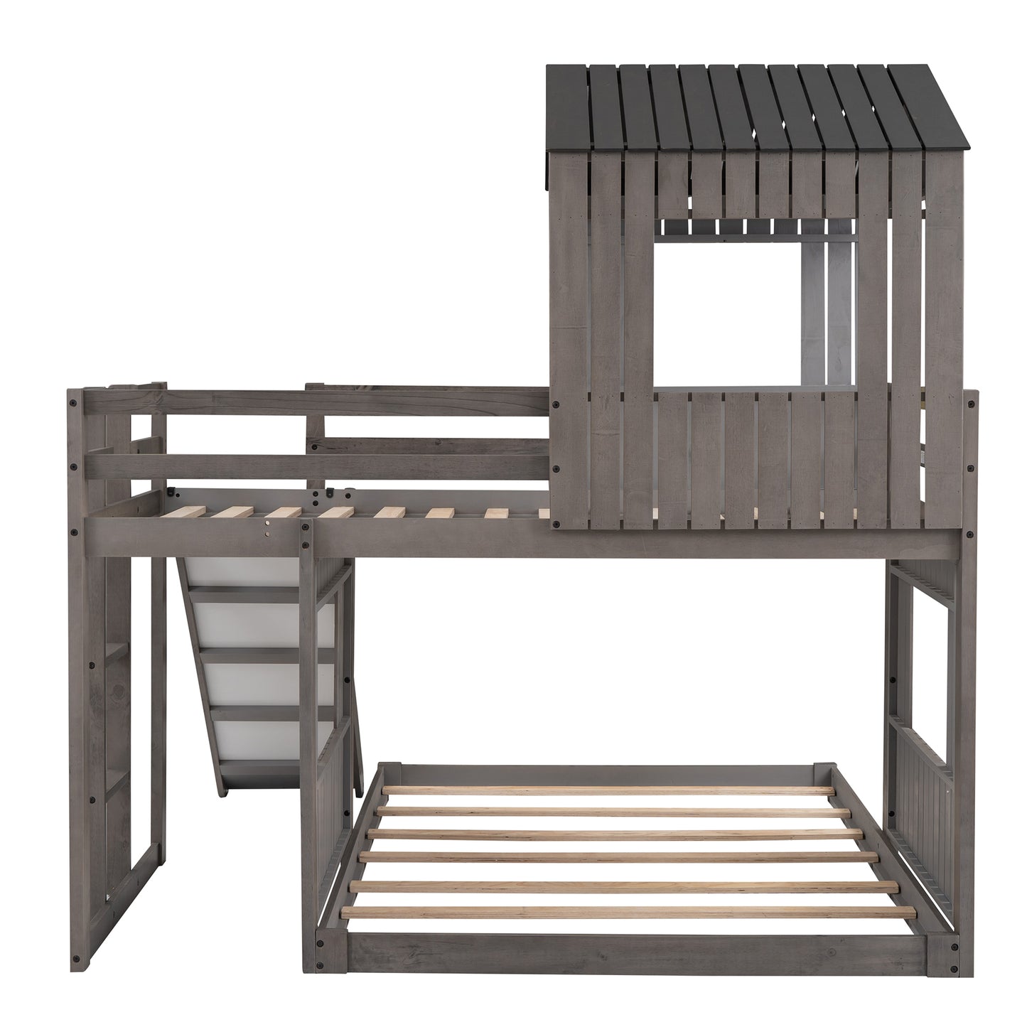 Playhouse Twin Over Full Bunk Bed with Ladder, Slide, and Guardrails in Farmhouse Style