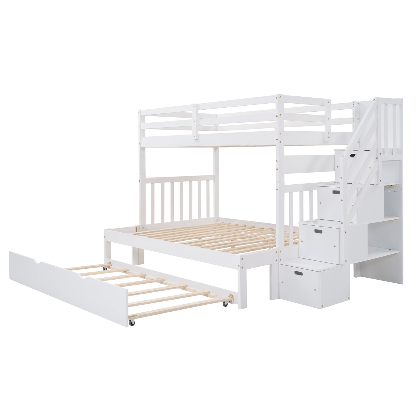 Stairway Bunk Bed with Trundle and Storage Drawers in White