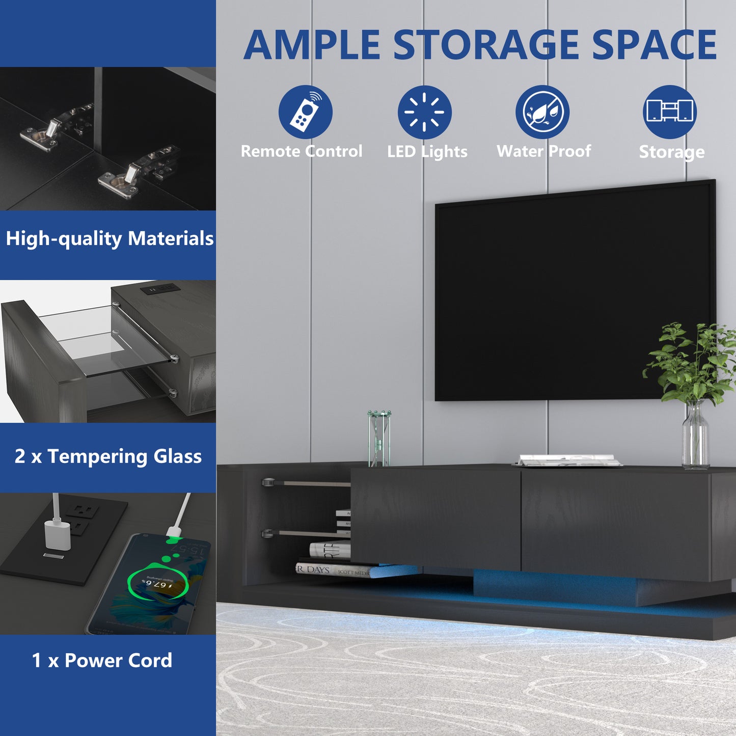 Modern Black TV Console with Remote and App Controlled RGB LED Lights and Storage Cabinets for 75 inches TV