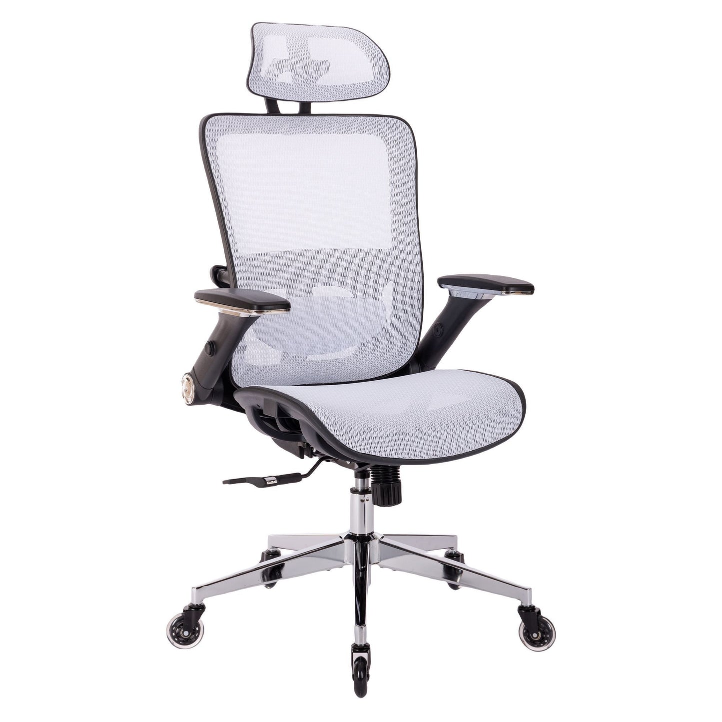 WHITE Ergonomic Mesh Office Chair, High Back - Adjustable Headrest with Flip-Up Arms, Tilt and lock Function, Lumbar Support and blade Wheels, KD chrome metal legs