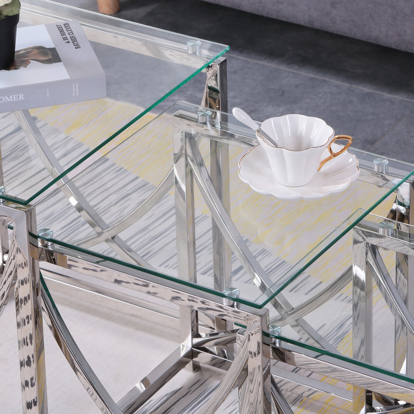 Contemporary Stainless Steel Glass Nesting Coffee Tables Set with Minimalist Curved Design