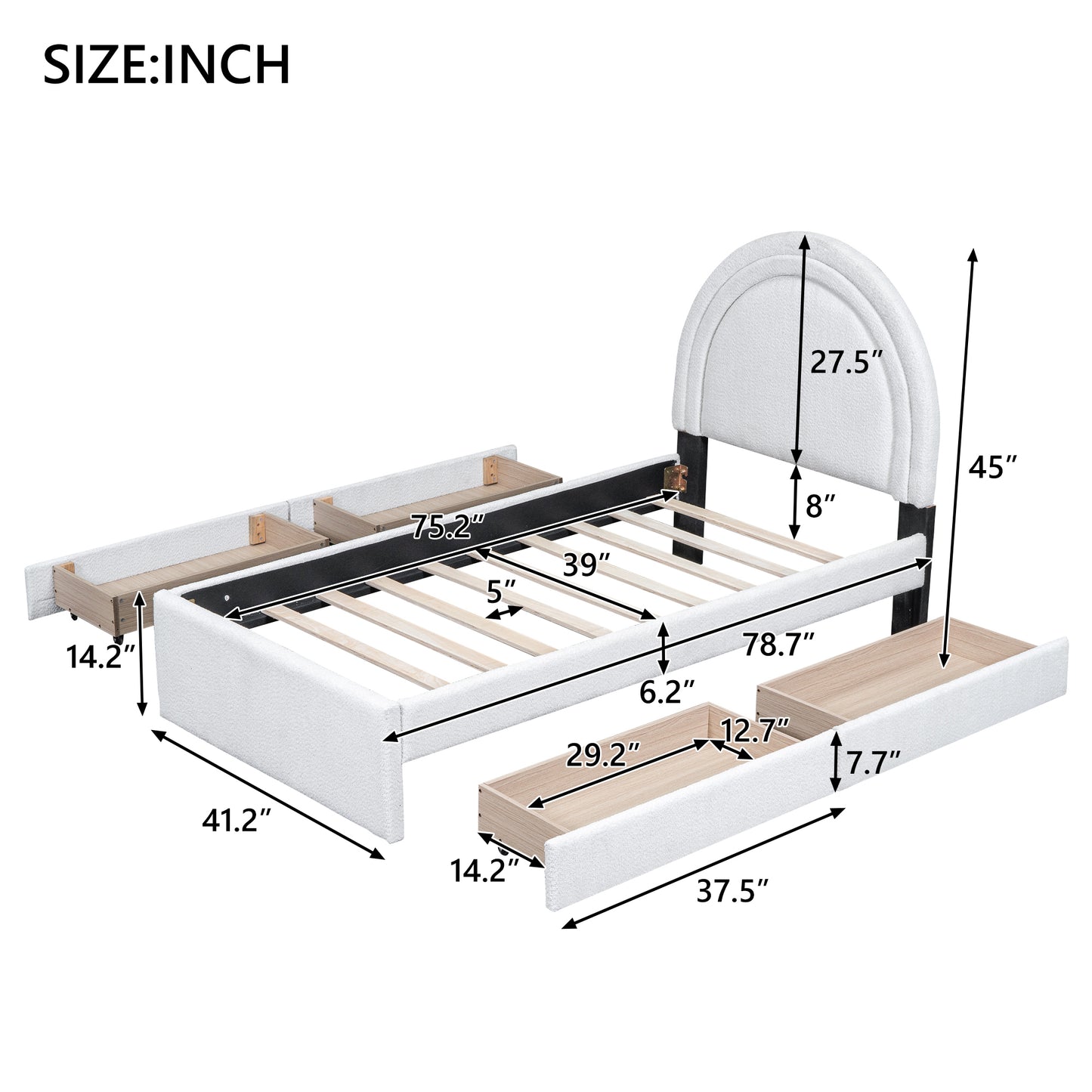 Teddy Upholstered Platform Bed With Four drawers, Twin, White