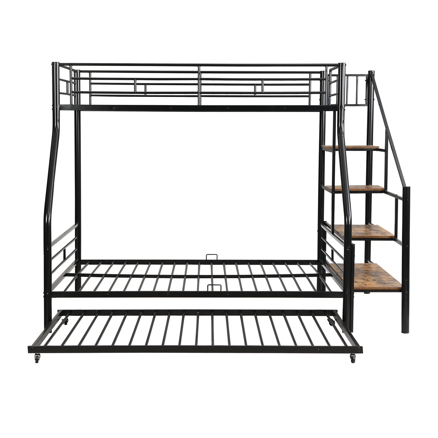 Black Metal Bunk Bed with Storage Staircase and Trundle - Twin over Full Size