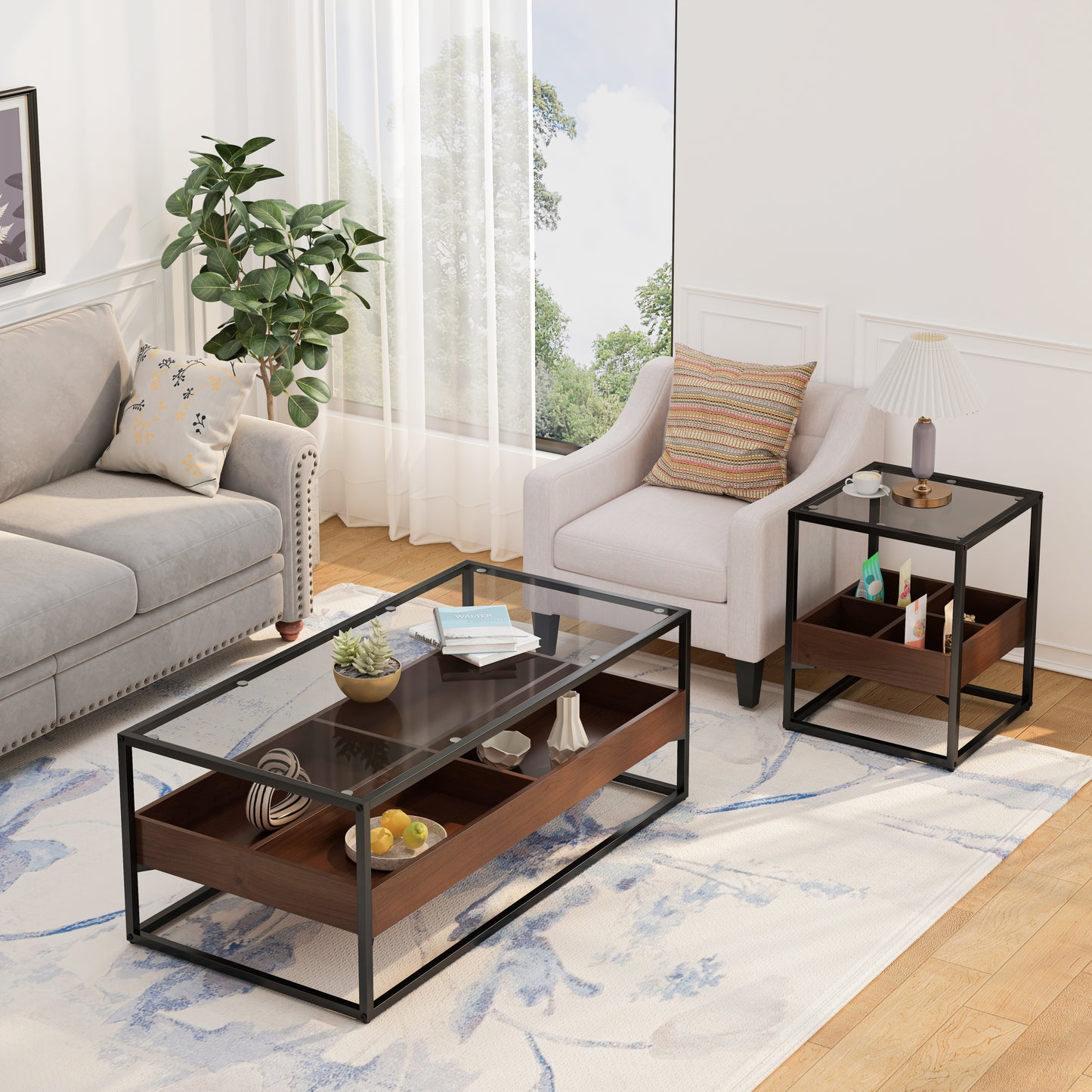 Sleek Glass Coffee Table with Storage Shelf and Metal Legs for Modern Living Rooms