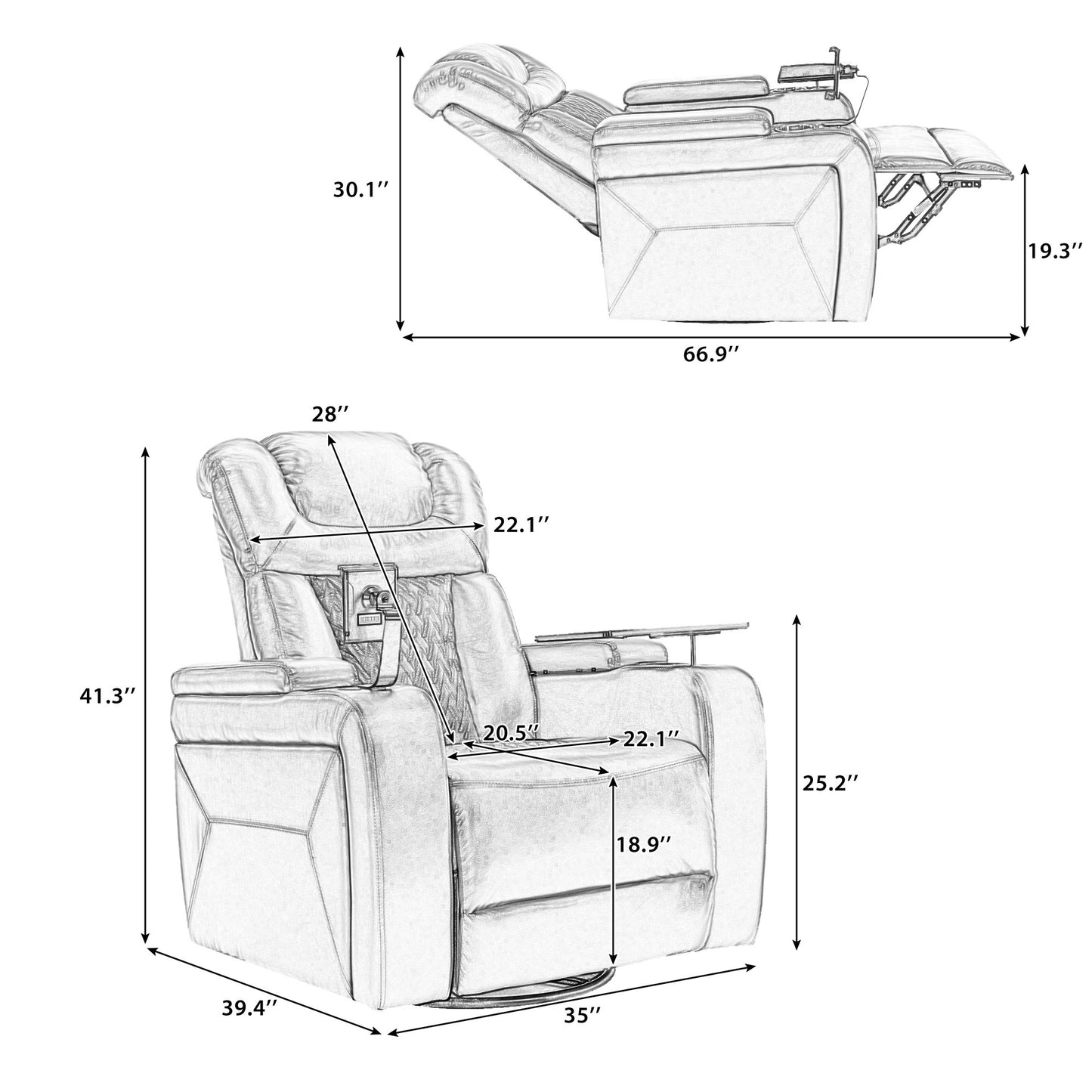 Luxury Black Swivel Recliner Chair with Tray Table, Phone Holder, and USB Port