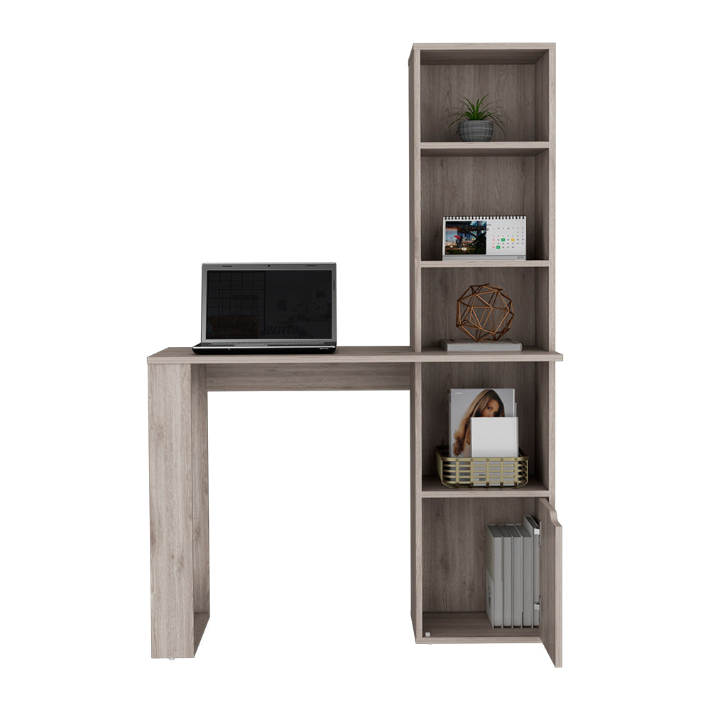 Gray Computer Desk with Bookcase, Single Door Cabinet, and 4-Tier Shelf