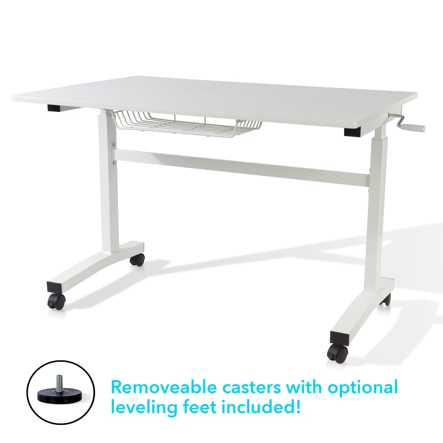 Atlantic White Adjustable Desk with Casters and Side Crank