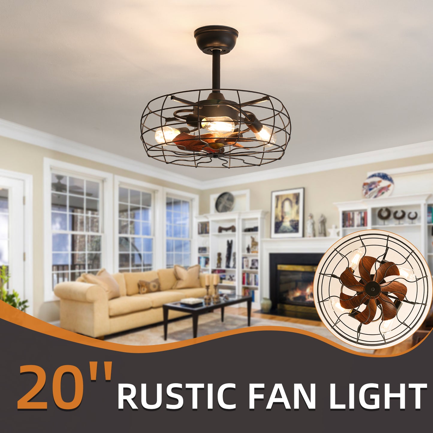 20-Inch American Style Ceiling Fan Chandelier with Remote Control and Reversible Inverter DC Motor