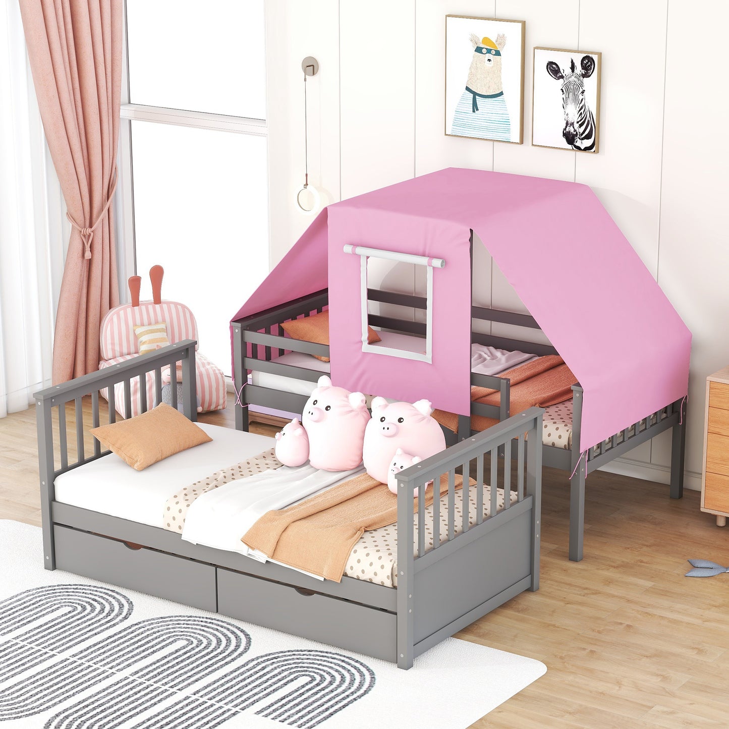 Gray and Pink Twin Over Twin Bunk Bed with Tent and Drawers for a Playful Bedroom Environment