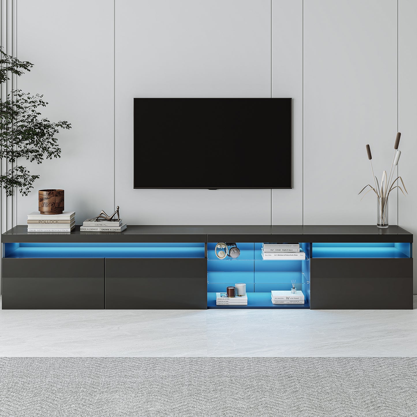 Contemporary Black LED TV Stand with Glass Shelves and Ample Storage Space