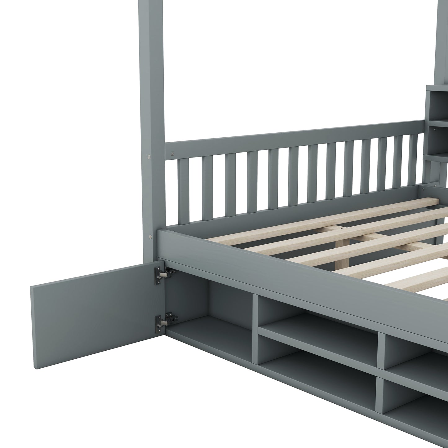 Full Size Wooden House Bed with Shelves and a Mini-cabinet, Gray