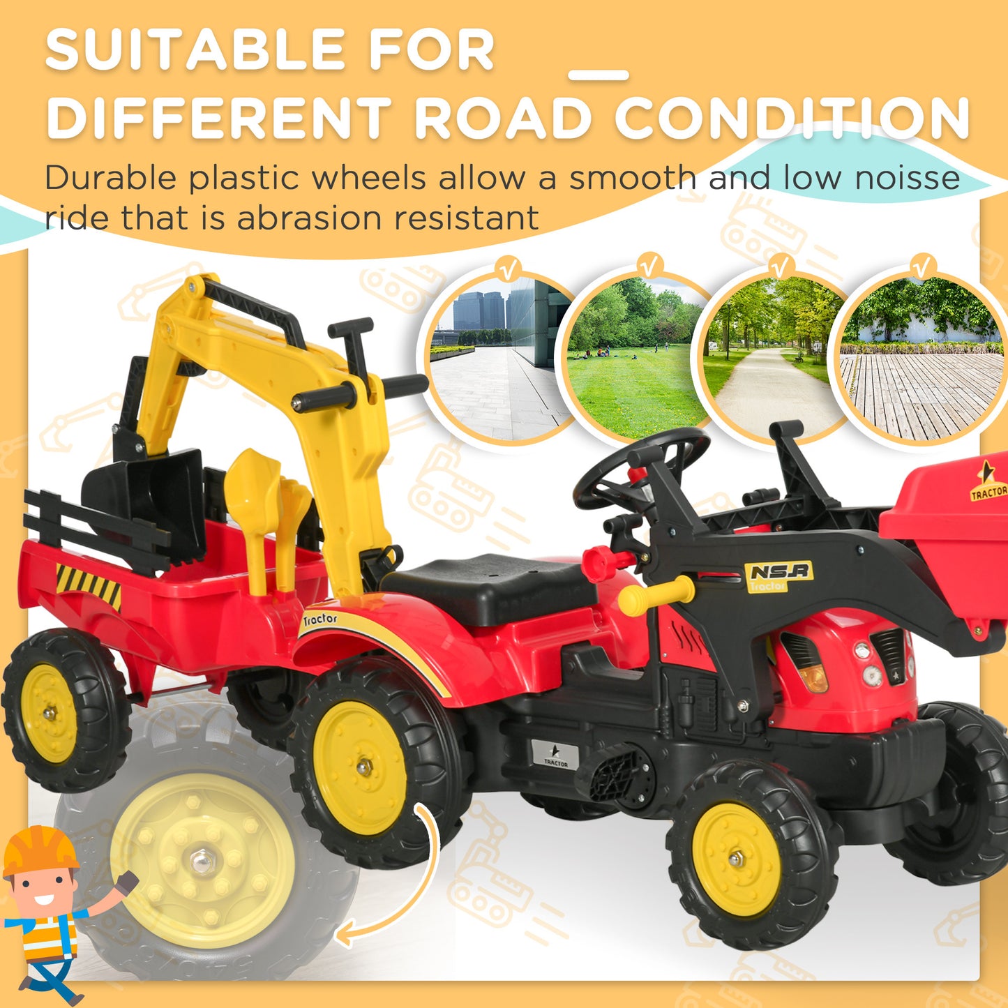 3 in1 Kids Ride On Excavator/Bulldozer, Pedal Car Digger Toy Move Forward/Back with 6 Wheels and Detachable Cargo Trailer