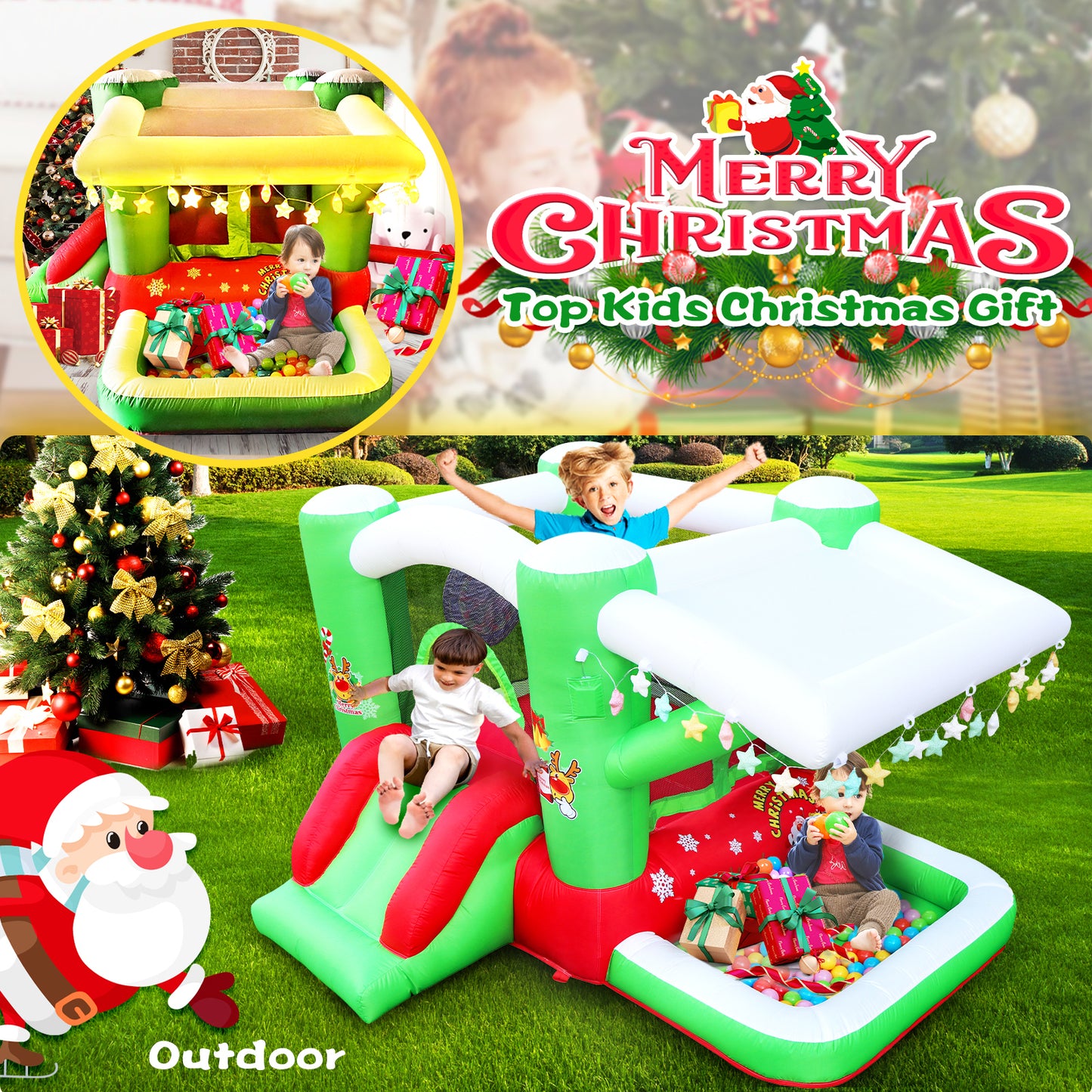 Festive Christmas Inflatable Bouncer with Blower for Kids - Spacious 80 x 91 Play Area - 55 Tall