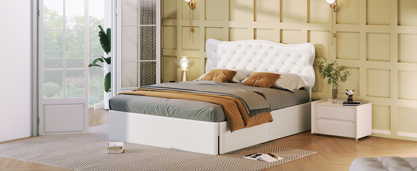 Full Size Bed Frame with 4 Storage Drawers,Leather Upholstered Platform Heavy Duty Bed,Wood Slat Support,White