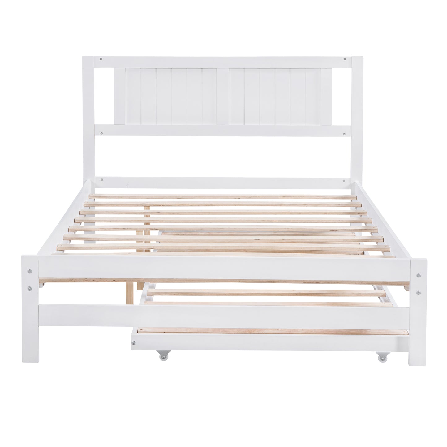 Full Size Platform Bed with Adjustable Trundle,White