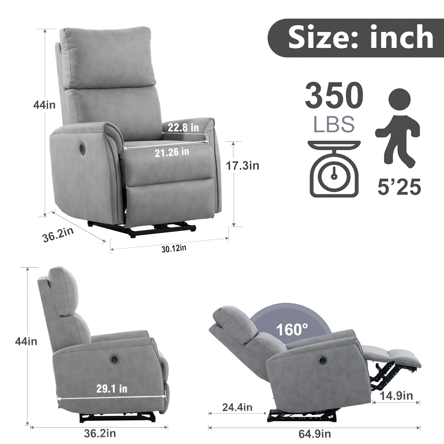 Electric Power Recliner Chair with USB Charging Ports and Side Control Button, Gray